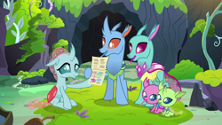 Size: 1920x1080 | Tagged: safe, screencap, character:ocellus, species:changedling, species:changeling, species:reformed changeling, episode:uprooted, g4, my little pony: friendship is magic, axilla, brother and sister, carapace (character), changeling hive, colored pencils, family, father and daughter, father and son, female, lumbar, male, mother and daughter, mother and son, mouth hold, nymph, pencil, permission slip, siblings, spiracle
