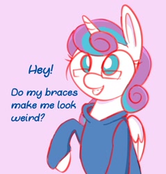 Size: 1470x1539 | Tagged: safe, artist:niteax, character:princess flurry heart, species:alicorn, species:pony, 30 minute art challenge, braces, bronybait, clothing, cute, dialogue, female, flurrybetes, glasses, mare, nerd, nerdy heart, no pupils, older, older flurry heart, simple background, solo, sweater