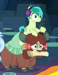 Size: 589x765 | Tagged: safe, screencap, character:sandbar, character:silverstream, character:yona, species:earth pony, species:pony, species:yak, episode:uprooted, g4, my little pony: friendship is magic, bow, cloven hooves, cropped, cute, duo focus, earmuffs, female, frown, hair bow, hoof hold, male, monkey swings, mouth hold, ponies riding yaks, pony hat, riding, sapling, scroll, wide eyes, yonadorable