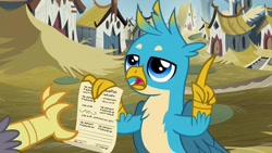 Size: 1280x720 | Tagged: safe, screencap, character:gallus, character:grampa gruff, species:griffon, episode:uprooted, g4, my little pony: friendship is magic, chest fluff, claws, griffonstone, male, permission slip, wings, written equestrian