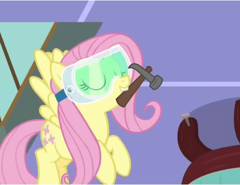 Size: 496x382 | Tagged: safe, screencap, character:fluttershy, species:pegasus, species:pony, episode:discordant harmony, g4, my little pony: friendship is magic, animated, cropped, cute, eyes closed, female, flying, hammer, mare, mouth hold, nail, safety goggles, shyabetes, solo