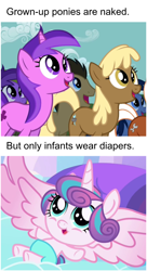 Size: 482x883 | Tagged: safe, screencap, character:doctor whooves, character:mjölna, character:princess flurry heart, character:silver spanner, character:time turner, species:pony, episode:the crystalling, episode:the super speedy cider squeezy 6000, g4, my little pony: friendship is magic, baby, bottlecap (character), cartoon logic, critical research failure, diaper, female, filly, mare, meme, we don't normally wear clothes