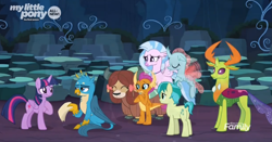 Size: 1983x1041 | Tagged: safe, screencap, character:gallus, character:ocellus, character:sandbar, character:silverstream, character:smolder, character:thorax, character:twilight sparkle, character:twilight sparkle (alicorn), character:yona, species:alicorn, species:changedling, species:changeling, species:classical hippogriff, species:dragon, species:earth pony, species:griffon, species:hippogriff, species:pony, species:reformed changeling, species:yak, episode:uprooted, g4, my little pony: friendship is magic, bow, cave, cave of harmony, cloven hooves, colored hooves, cropped, dragoness, female, flying, hair bow, jewelry, male, monkey swings, necklace, permission slip, student six, teenager