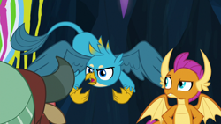Size: 1920x1080 | Tagged: safe, screencap, character:gallus, character:smolder, character:yona, species:dragon, species:griffon, species:yak, episode:uprooted, g4, my little pony: friendship is magic, annoyed, cave of harmony, claws, dragoness, faceless female, female, flying, horns, male, open mouth, raised eyebrow, spread wings, talons, trio, wings