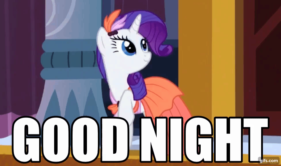 Size: 976x578 | Tagged: safe, screencap, character:rarity, species:pony, species:unicorn, episode:rarity investigates, g4, my little pony: friendship is magic, animated, caption, female, gif, gifs.com, good night, image macro, impact font, mare, orange, outfit, solo, text