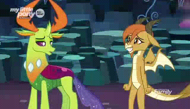 Size: 640x368 | Tagged: safe, screencap, character:ocellus, character:thorax, species:changedling, species:changeling, species:reformed changeling, episode:uprooted, g4, my little pony: friendship is magic, animated, cave of harmony, changeling king, changeling magic, cute, diaocelles, discovery family logo, disguise, disguised changeling, dragon ocellus, dragonellus, duo, gif, needs more jpeg, thorax is not amused