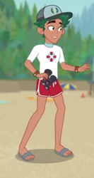 Size: 242x455 | Tagged: safe, screencap, character:timber spruce, episode:unsolved selfie mysteries, g4, my little pony:equestria girls, cap, clothing, cropped, feet, hat, legs, lifeguard, lifeguard timber, male, male feet, sandals, shorts, solo