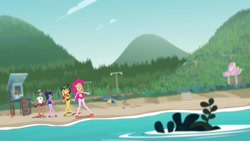 Size: 1280x720 | Tagged: safe, screencap, character:pinkie pie, character:sunset shimmer, character:timber spruce, character:twilight sparkle, character:twilight sparkle (scitwi), species:eqg human, episode:unsolved selfie mysteries, g4, my little pony:equestria girls, beach, clothing, feet, female, legs, lifeguard, lifeguard timber, male, swimsuit, water