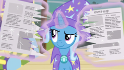 Size: 1280x720 | Tagged: safe, screencap, character:trixie, species:pony, episode:uncommon bond, g4, my little pony: friendship is magic, levitation, magic, newspaper, solo, tearing, telekinesis