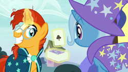 Size: 1280x720 | Tagged: safe, screencap, character:sunburst, character:trixie, species:pony, episode:uncommon bond, g4, my little pony: friendship is magic, ace of clubs, card, deck of cards, duo, female, grin, levitation, magic, magic aura, magic trick, male, mare, playing card, smiling, stallion, telekinesis