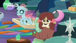 Size: 1920x1080 | Tagged: safe, screencap, character:ocellus, character:yona, species:changedling, species:changeling, species:reformed changeling, species:yak, episode:uprooted, g4, my little pony: friendship is magic, bow, cloven hooves, female, hair bow, monkey swings, mouth hold, scroll