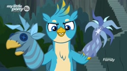 Size: 1920x1080 | Tagged: safe, screencap, character:gallus, character:tree of harmony, species:griffon, episode:uprooted, g4, my little pony: friendship is magic, adorabolical, cute, evil grin, gallabetes, grin, hand puppet, male, smiling, sock puppet, solo, tree of harmony