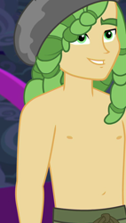 Size: 614x1080 | Tagged: safe, screencap, character:sandalwood, equestria girls:spring breakdown, g4, my little pony:equestria girls, all good (song), clothing, cropped, male, partial nudity, smiling, topless