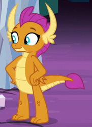 Size: 376x518 | Tagged: safe, screencap, character:smolder, species:dragon, episode:uprooted, g4, my little pony: friendship is magic, cave of harmony, claws, cropped, cute, dragoness, fangs, female, folded wings, hand on hip, horns, raised eyebrows, smiling, smolderbetes, solo, teenaged dragon, teenager, toes, wings