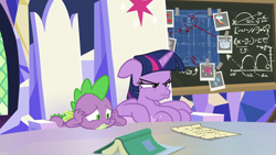 Size: 1920x1080 | Tagged: safe, screencap, character:spike, character:twilight sparkle, character:twilight sparkle (alicorn), species:alicorn, species:dragon, species:pony, episode:sparkle's seven, g4, my little pony: friendship is magic, belly, book, chalkboard, cutie map, duckface, duo, female, floppy ears, friendship throne, grumpy, grumpy twilight, madorable, male, mare, pouting, scroll, unamused, winged spike, wings