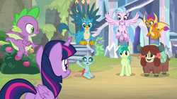 Size: 1920x1080 | Tagged: safe, screencap, character:gallus, character:ocellus, character:sandbar, character:silverstream, character:smolder, character:spike, character:twilight sparkle, character:twilight sparkle (alicorn), character:yona, species:alicorn, species:changedling, species:changeling, species:classical hippogriff, species:dragon, species:earth pony, species:griffon, species:hippogriff, species:pony, species:reformed changeling, species:yak, episode:uprooted, g4, my little pony: friendship is magic, bow, claws, cloven hooves, colored hooves, dragoness, female, flying, hair bow, jewelry, male, monkey swings, necklace, student six, teenager, winged spike, wings