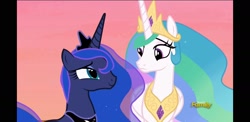Size: 2220x1080 | Tagged: safe, screencap, character:princess celestia, character:princess luna, species:pony, episode:a royal problem, g4, my little pony: friendship is magic, black bars, confused, discovery family logo, duo, ethereal mane, female, galaxy mane, mare, royal sisters, simple background, sisters, smiling