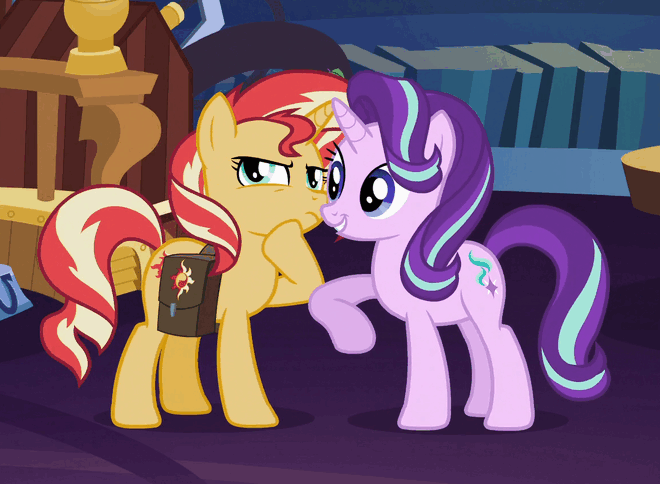 Size: 660x484 | Tagged: safe, screencap, character:starlight glimmer, character:sunset shimmer, species:pony, species:unicorn, equestria girls:mirror magic, g4, my little pony:equestria girls, animated, cute, glimmerbetes