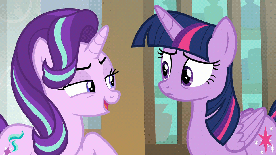 Size: 960x540 | Tagged: safe, screencap, character:starlight glimmer, character:twilight sparkle, character:twilight sparkle (alicorn), species:alicorn, species:pony, species:unicorn, episode:the beginning of the end, g4, my little pony: friendship is magic, animated, duo, duo female, female, gif, loop, reversed, school of friendship, smug, smuglight glimmer, stare