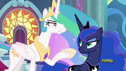 Size: 1920x1080 | Tagged: safe, screencap, character:princess celestia, character:princess luna, species:alicorn, species:pony, episode:sparkle's seven, g4, my little pony: friendship is magic, angry, canterlot, canterlot castle, discovery family logo, smug, throne, throne room
