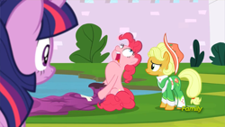 Size: 3840x2160 | Tagged: safe, screencap, character:applejack, character:pinkie pie, character:twilight sparkle, character:twilight sparkle (alicorn), species:alicorn, species:earth pony, species:pony, episode:sparkle's seven, g4, my little pony: friendship is magic, apple chord, context is for the weak, female, hot air balloon, inhaling, mare, twinkling balloon