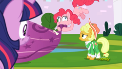 Size: 3840x2160 | Tagged: safe, screencap, character:applejack, character:pinkie pie, character:twilight sparkle, character:twilight sparkle (alicorn), species:alicorn, species:earth pony, species:pony, episode:sparkle's seven, g4, my little pony: friendship is magic, apple chord, blowing up balloons, derp, female, hot air balloon, mare, puffy cheeks, twinkling balloon