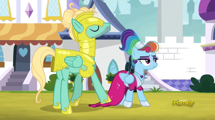 Size: 826x464 | Tagged: safe, screencap, character:rainbow dash, character:zephyr breeze, species:pony, episode:sparkle's seven, g4, my little pony: friendship is magic, animated, clothing, gif, megaradash, rainbow dash always dresses in style, royal guard zephyr breeze, running, running in place, shipping fuel, skirt, skirt pull, tripping