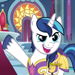 Size: 1079x1079 | Tagged: safe, screencap, character:shining armor, species:pony, species:unicorn, episode:sparkle's seven, g4, my little pony: friendship is magic, armor, canterlot castle, cropped, cute, discovery family logo, dreamworks face, faec, gesture, hard-won helm of the sibling supreme, male, open mouth, raised eyebrow, shining adorable, smiling, solo, stallion, throne, throne room
