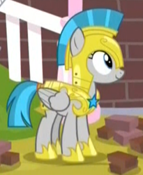 Size: 302x368 | Tagged: safe, screencap, character:windstorm, species:pegasus, species:pony, episode:sparkle's seven, g4, my little pony: friendship is magic, armor, cropped, female, guardsmare, mare, palindrome get, royal guard, smiling, solemn canterlot marshal, solo, when she smiles