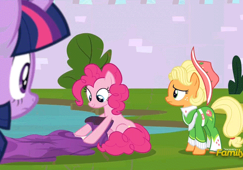 Size: 490x343 | Tagged: safe, screencap, character:applejack, character:pinkie pie, character:twilight sparkle, character:twilight sparkle (alicorn), species:alicorn, species:earth pony, species:pony, episode:sparkle's seven, g4, my little pony: friendship is magic, animated, apple chord, blowing, blowing up balloons, cropped, derp, discovery family logo, female, gif, hot air balloon, inflating, mare, pinkie being pinkie, pinkie physics, twinkling balloon