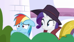 Size: 1280x720 | Tagged: safe, screencap, character:rainbow dash, character:rarity, species:pegasus, species:pony, species:unicorn, episode:sparkle's seven, g4, my little pony: friendship is magic, alternate costumes, animated, bush, bushicorn, clothing, detective rarity, discovery family logo, duo, hat, noblewoman's laugh, out of context, shipping fuel, sound, webm, zip lines