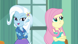 Size: 1280x720 | Tagged: safe, screencap, character:fluttershy, character:trixie, episode:a little birdie told me, g4, my little pony:equestria girls, cute, fluttershy is not amused, unamused
