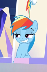 Size: 290x446 | Tagged: safe, screencap, character:rainbow dash, species:pegasus, species:pony, episode:sparkle's seven, g4, my little pony: friendship is magic, cropped, faec, friendship throne, lidded eyes, rainbow dash is best facemaker, raised eyebrows, smiling, smirk, smug, smugdash, solo