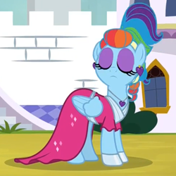 Size: 700x700 | Tagged: safe, screencap, character:rainbow dash, species:pegasus, species:pony, episode:sparkle's seven, g4, my little pony: friendship is magic, clothing, dress, ear piercing, earring, eyes closed, female, jewelry, mare, megaradash, piercing, pouting, rainbow dash always dresses in style, solo, updo