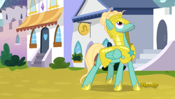 Size: 1850x1041 | Tagged: safe, screencap, character:zephyr breeze, species:pegasus, species:pony, episode:sparkle's seven, g4, my little pony: friendship is magic, alone, discovery family logo, folded wings, looking up, male, man bun, royal guard, royal guard armor, royal guard zephyr breeze, solo, stallion, updo