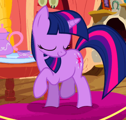 Size: 405x384 | Tagged: safe, screencap, character:twilight sparkle, character:twilight sparkle (unicorn), species:pony, species:unicorn, episode:spike at your service, g4, my little pony: friendship is magic, animated, cushion, cute, female, levitation, looking at you, magic, mare, pillow, plot, raised hoof, raised leg, sitting, smiling, smirk, talking, tea, teacup, teapot, telekinesis
