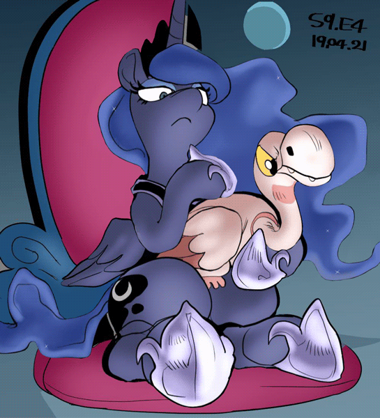 Size: 545x600 | Tagged: safe, artist:nekubi, artist:szafir87, character:princess luna, species:alicorn, species:bird, species:pony, episode:sparkle's seven, g4, my little pony: friendship is magic, animal, animated, blofeld, duo, ernst stavro blofeld, ethereal mane, female, frown, galaxy mane, gif, goose, hoof shoes, lidded eyes, luna petting goose, mare, petting, scene interpretation, serious, serious face, solo, throne