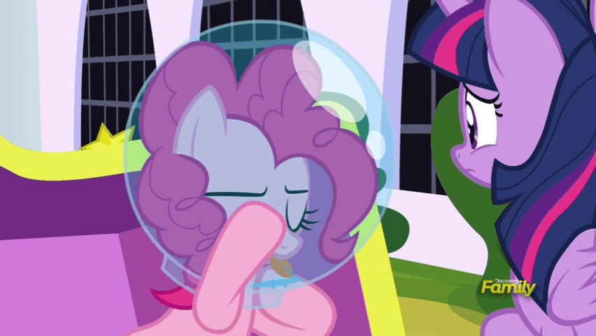 Size: 852x480 | Tagged: safe, screencap, character:pinkie pie, character:twilight sparkle, character:twilight sparkle (alicorn), species:alicorn, species:pony, episode:sparkle's seven, g4, my little pony: friendship is magic, animated, astronaut pinkie, discovery family logo, gif, helmet, perfect loop, raspberry, spit, tongue out