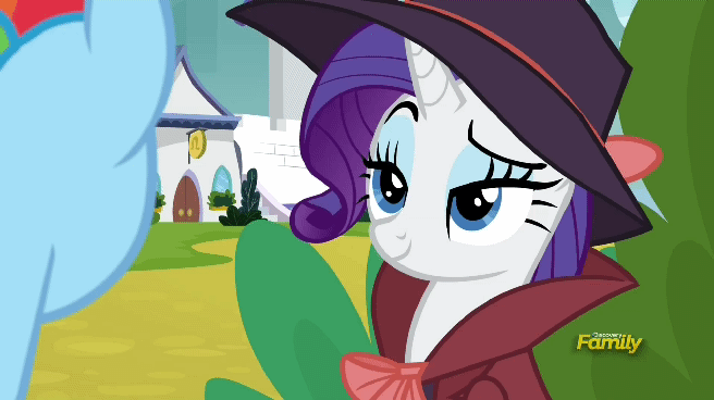 Size: 656x368 | Tagged: safe, screencap, character:rainbow dash, character:rarity, species:pony, episode:sparkle's seven, g4, my little pony: friendship is magic, animated, eyebrow wiggle, gif, grin, lidded eyes, smiling