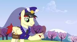 Size: 848x463 | Tagged: safe, screencap, species:pegasus, species:pony, episode:wonderbolts academy, care package, clothing, hat, mailpony, male, mountain, necktie, postman's hat, solo, special delivery, tree