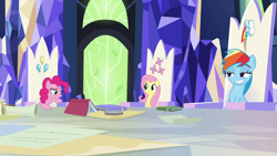 Size: 1920x1080 | Tagged: safe, screencap, character:fluttershy, character:pinkie pie, character:rainbow dash, species:earth pony, species:pegasus, species:pony, episode:sparkle's seven, g4, my little pony: friendship is magic, book, female, friendship throne, grin, lidded eyes, map, mare, raised eyebrow, smiling, smirk, throne