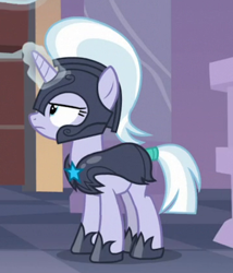 Size: 400x468 | Tagged: safe, screencap, character:silver sable, species:pony, species:unicorn, episode:sparkle's seven, g4, my little pony: friendship is magic, armor, background pony, cropped, female, glowing horn, guardsmare, helmet, hoof shoes, horn, magic, magic aura, mare, narrowed eyes, night guard, night guard armor, royal guard, solo, tail wrap, unicorn royal guard