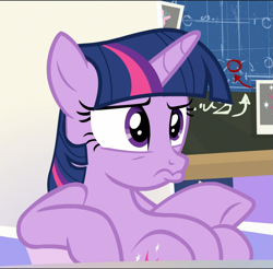 Size: 919x905 | Tagged: safe, screencap, character:twilight sparkle, character:twilight sparkle (alicorn), species:alicorn, species:pony, episode:sparkle's seven, g4, my little pony: friendship is magic, belly, chalkboard, cropped, duckface, friendship throne, pouting, sitting, slouching, solo, underhoof