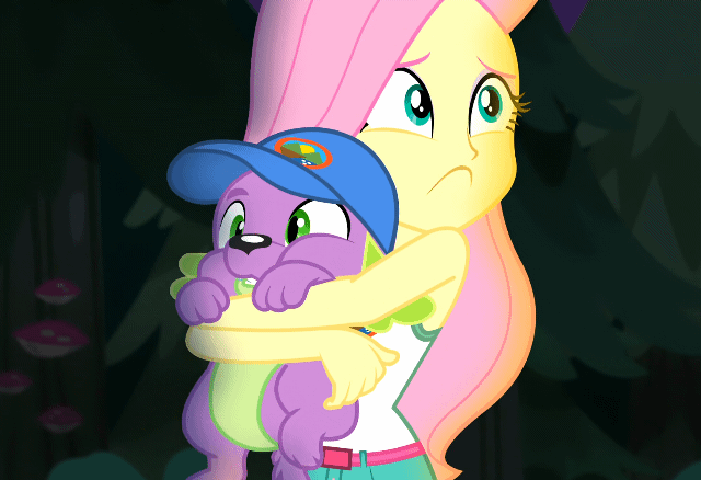Size: 640x438 | Tagged: safe, screencap, character:fluttershy, character:spike, character:spike (dog), species:dog, equestria girls:legend of everfree, g4, my little pony:equestria girls, :<, animated, camp everfree outfits, clothing, cute, gif, hug, scared, shyabetes, sleeveless, tank top