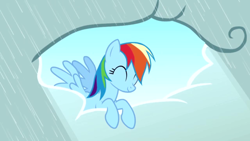 Size: 640x360 | Tagged: safe, screencap, character:rainbow dash, species:pony, episode:the ticket master, g4, my little pony: friendship is magic, cloud, cute, dashabetes, eyes closed, rain, solo