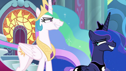 Size: 1920x1080 | Tagged: safe, screencap, character:princess celestia, character:princess luna, species:alicorn, species:pony, episode:sparkle's seven, g4, my little pony: friendship is magic, canterlot castle, crown, duo, ethereal mane, eyeshadow, female, flowing mane, folded wings, forced smile, grin, jewelry, looking at each other, makeup, mare, narrowed eyes, regalia, royal sisters, siblings, sisters, smiling, stained glass, throne room, wings