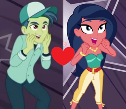 Size: 854x742 | Tagged: safe, screencap, character:desert sage, species:human, equestria girls:spring breakdown, g4, my little pony:equestria girls, all good (song), background human, bare shoulders, bracelet, cap, clothing, crack shipping, cropped, desert sage, female, hat, heart, jewelry, male, mile hill, milesage, necklace, open mouth, pants, shipping, shipping domino, sleeveless, why