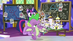 Size: 1920x1080 | Tagged: safe, screencap, character:spike, character:twilight sparkle, character:twilight sparkle (alicorn), species:alicorn, species:dragon, species:pony, episode:sparkle's seven, g4, my little pony: friendship is magic, chalkboard, claws, fangs, female, folded wings, landing, lidded eyes, male, mare, raised eyebrow, spread wings, toes, underfoot, winged spike, wings