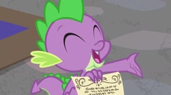 Size: 1280x716 | Tagged: safe, screencap, character:spike, species:dragon, episode:sparkle's seven, g4, my little pony: friendship is magic, claws, eyes closed, male, smiling, solo, tail, winged spike, written equestrian