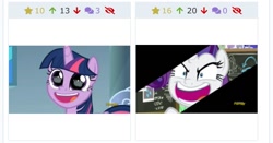 Size: 751x393 | Tagged: safe, screencap, character:rarity, character:twilight sparkle, character:twilight sparkle (alicorn), species:alicorn, species:pony, derpibooru, episode:sparkle's seven, g4, my little pony: friendship is magic, crown, eye reflection, faec, hard-won helm of the sibling supreme, juxtaposition, looking at something, meta, narrowed eyes, pudding face, reflection, wide eyes
